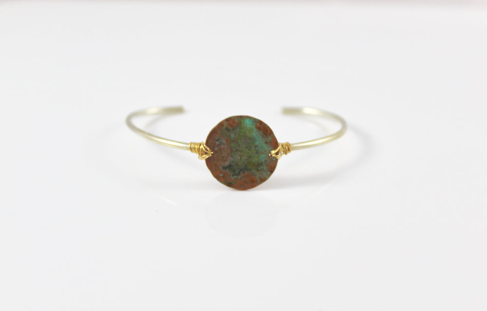 Sterling Skinny Cuff with Green Patina Copper Disc