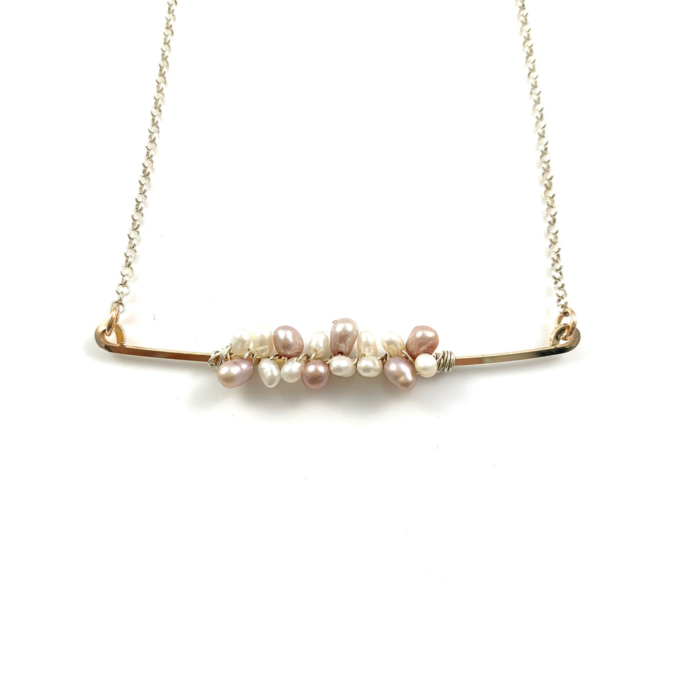 White and Pink Fresh Water Pearls on a Sterling Silver Bar Necklace