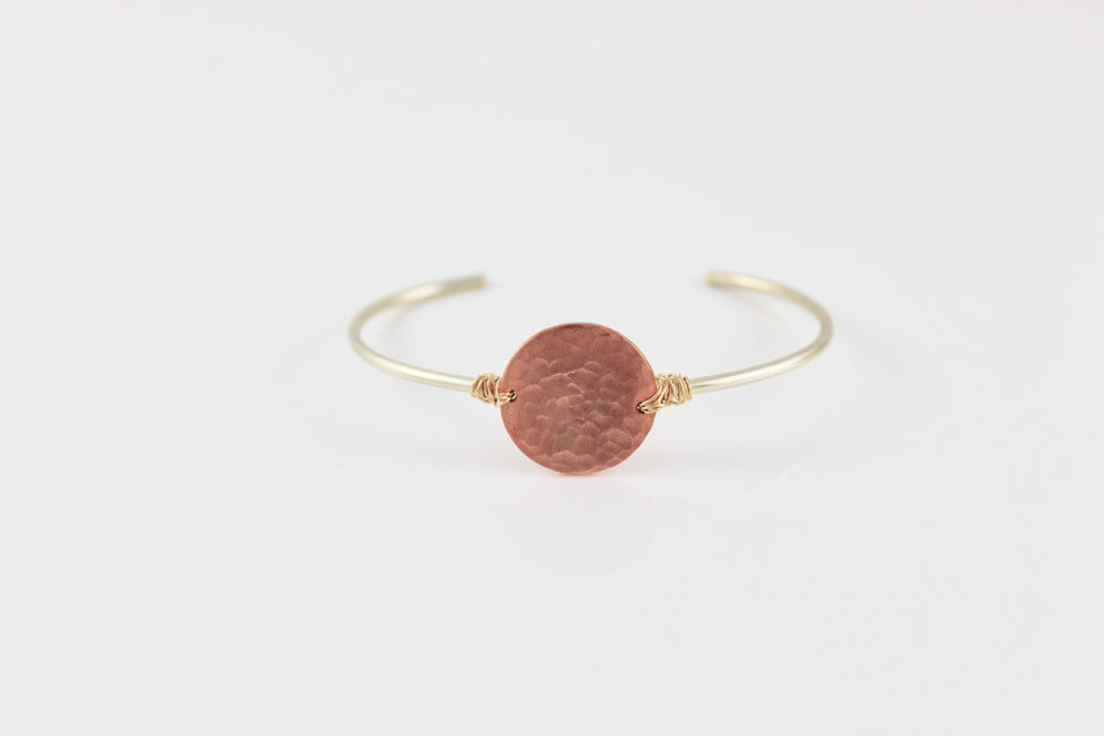 Sterling Silver Skinny Cuff with Large Hammered Copper Disc