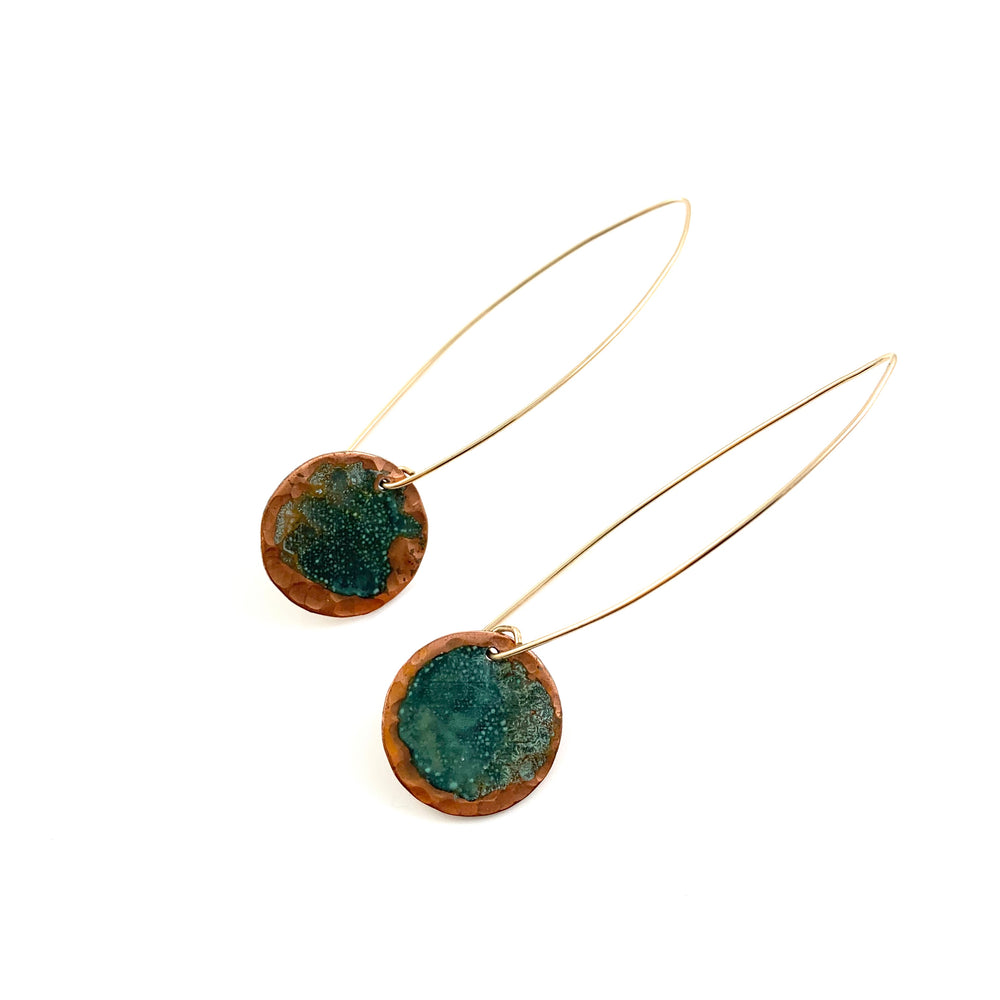 Long Single Green Patina Copper Disc Earrings