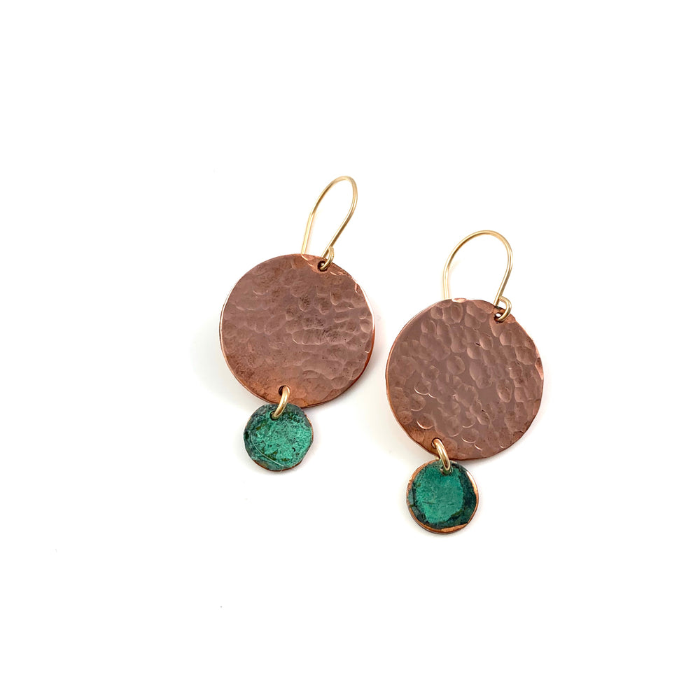 Large Copper Disc with Mini Green Patina Disc Earrings