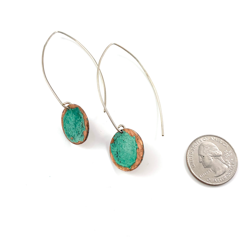 Long Single Bright Green Patina Copper Disc Earrings