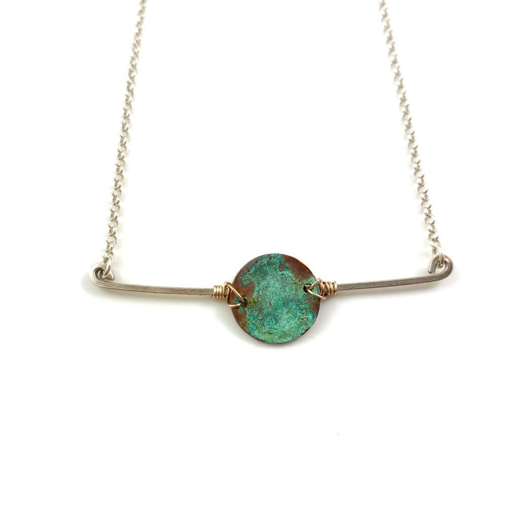 Sterling Bar and Green Patina Disc Necklace