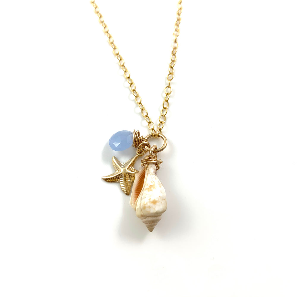 14k Gold Fill Beach Treasure Sea Star Charm and Blue Chalcedony Necklace