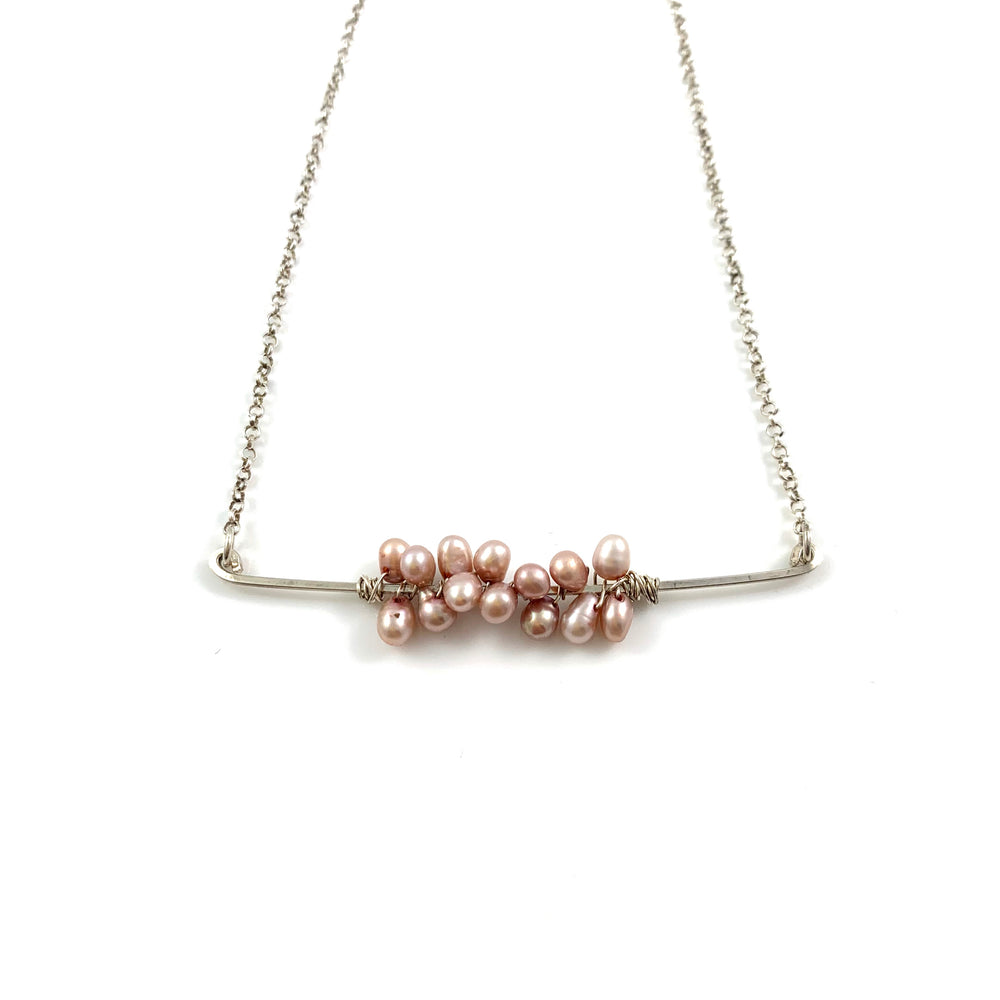 Pink Fresh Water Pearls on a Sterling Silver Bar Necklace
