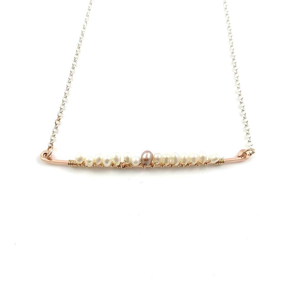 White and Pink Fresh Water Pearls on a Rose Gold Fill Bar Necklace