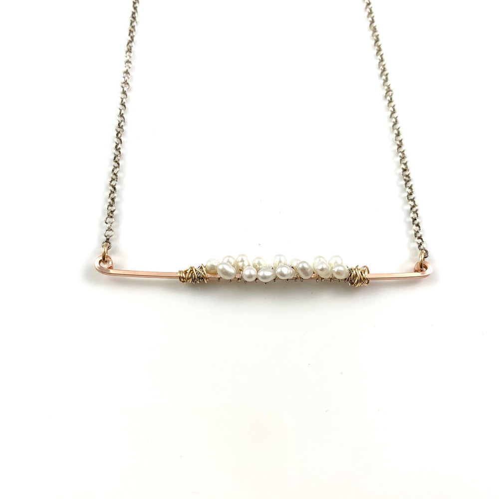 White Fresh Water Pearls on a Rose Gold Fill Bar Necklace