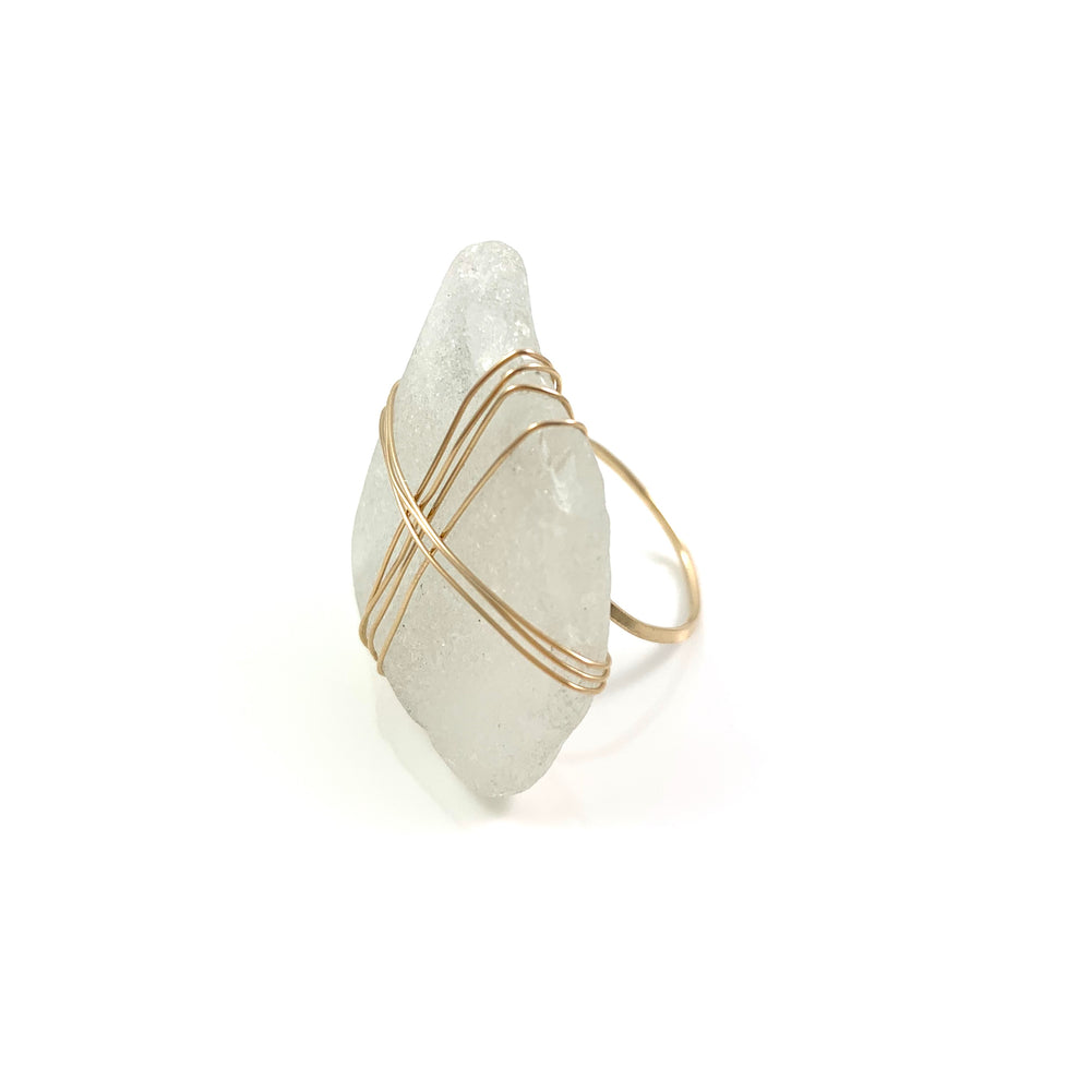 14k Gold Fill Frosty White Beach Glass Ring Size 7